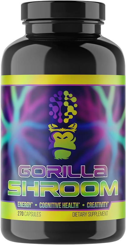 Gorilla Mind Shroom Nootropic Mushroom Supplement (6700mg) - 270 Capsules/Includes Lions Mane, Cordyceps, Reishi, Maitake/Increased Energy Immune Modulation, Enhanced Cognitive Functioning