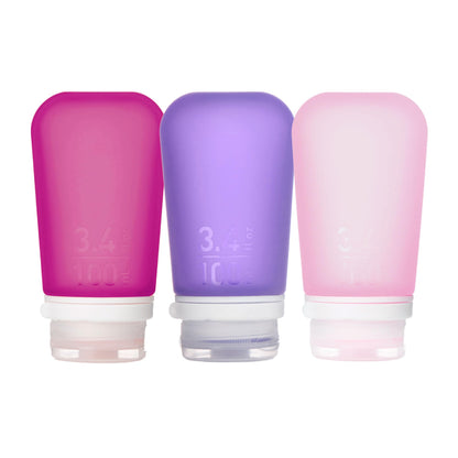 humangear GoToob+ 3-Pack, Large (3.4 fl oz), Clear/Purple/Teal | Refillable & Leak-Proof Silicone Travel Size Bottles with Locking Cap for Toiletries, Camping & TSA Carry-On Gsupps Australia