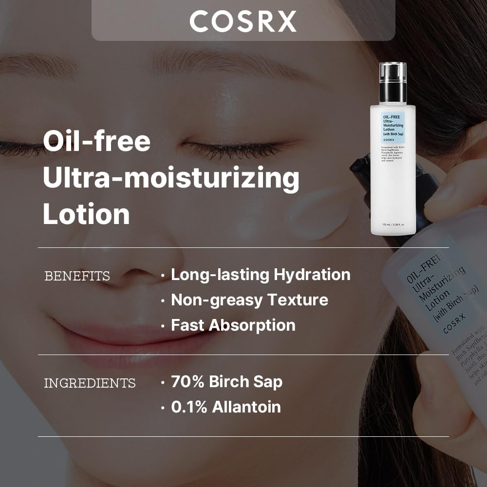 COSRX Oil Free Lotion with Birch Sap, Acne Facial Moisturizer, 3.38 fl oz COSRX
