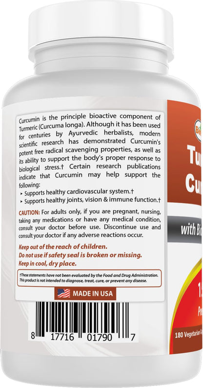 Best Naturals Turmeric Curcumin 1500mg/Serving with Bioperine - 180 Veggie Capsules Best Naturals
