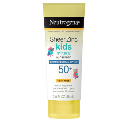Neutrogena Sheer Zinc Oxide Kids Mineral Sunscreen Lotion, Broad Spectrum SPF 50+ with UVA/UVB Protection, Water-Resistant for 80 Minutes, Paraben-, Dye-, Fragrance- & Tear Free, 3 fl. oz Neutrogena