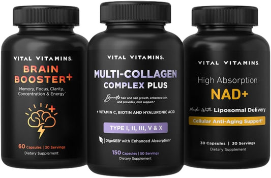 Vital Vitamins Age Defying Bundle: Multi-Collagen Plus, Brain Booster Plus, NAD+ Gsupps Australia