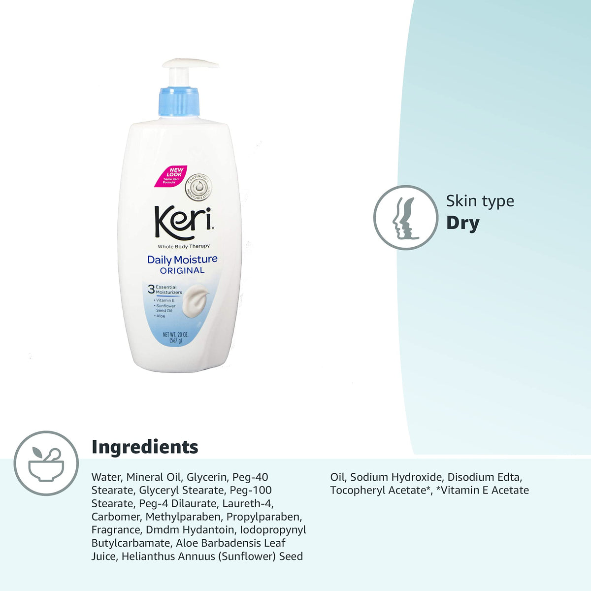 Keri Whole Body Therapy Original, Continuous Moisturization, 3 Essential Moisturizers (Vitamin E, Aloe and Sunflower Seed Oil), 20 Oz Keri