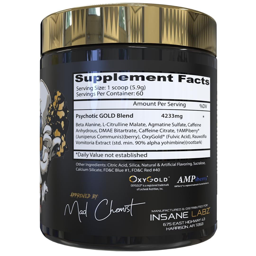 Insane Labz Psychotic Gold, High Stimulant Pre Workout Powder, Extreme Lasting Energy Focus, Pumps and Endurance with Beta Alanine, DMAE Bitartrate, NO Booster (35 Servings, Watermelon)