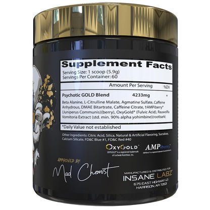 Insane Labz Psychotic Gold, High Stimulant Pre Workout Powder, Extreme Lasting Energy Focus, Pumps and Endurance with Beta Alanine, DMAE Bitartrate, NO Booster (35 Servings, Watermelon)