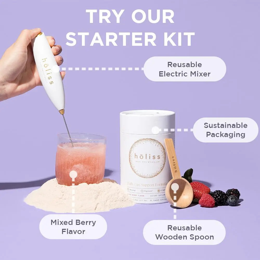 HOLISS Daily Gut Health Kit – 6-in-1 All Natural Supplement, Bloat & Gas Aid, GI Lining Repair, IBS Support – Lemon Balm, L-Glutamine, PepZinGI, Mixed Berry, 30 Servings, Electric Mixer & Spoon HOLISS buy australia supplements