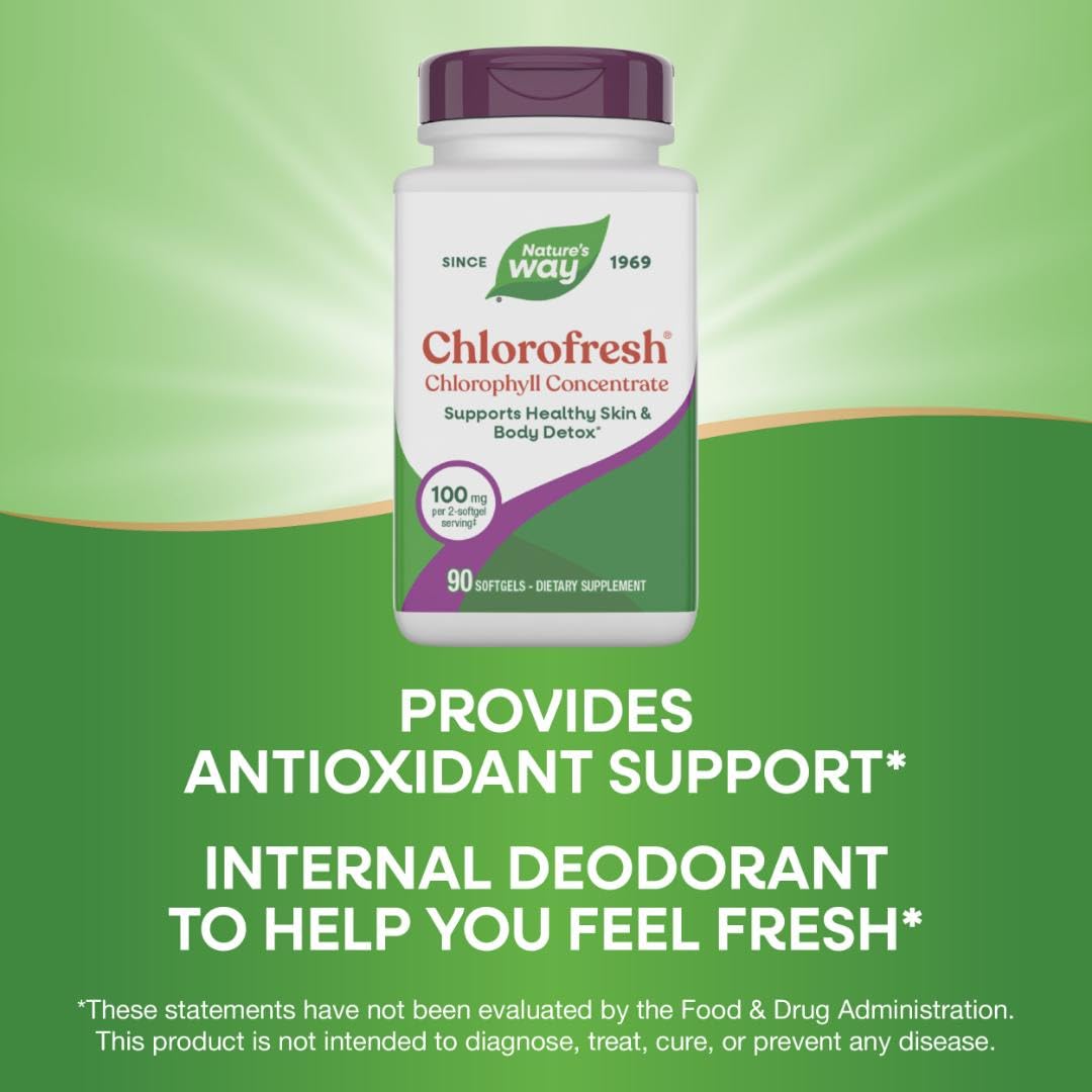 Nature’s Way Chlorofresh Chlorophyll Concentrate Softgels, Chlorophyllin Copper Complex, Internal Deodorant Supplement, Supports Healthy Skin and Detox Pathways Nature's Way