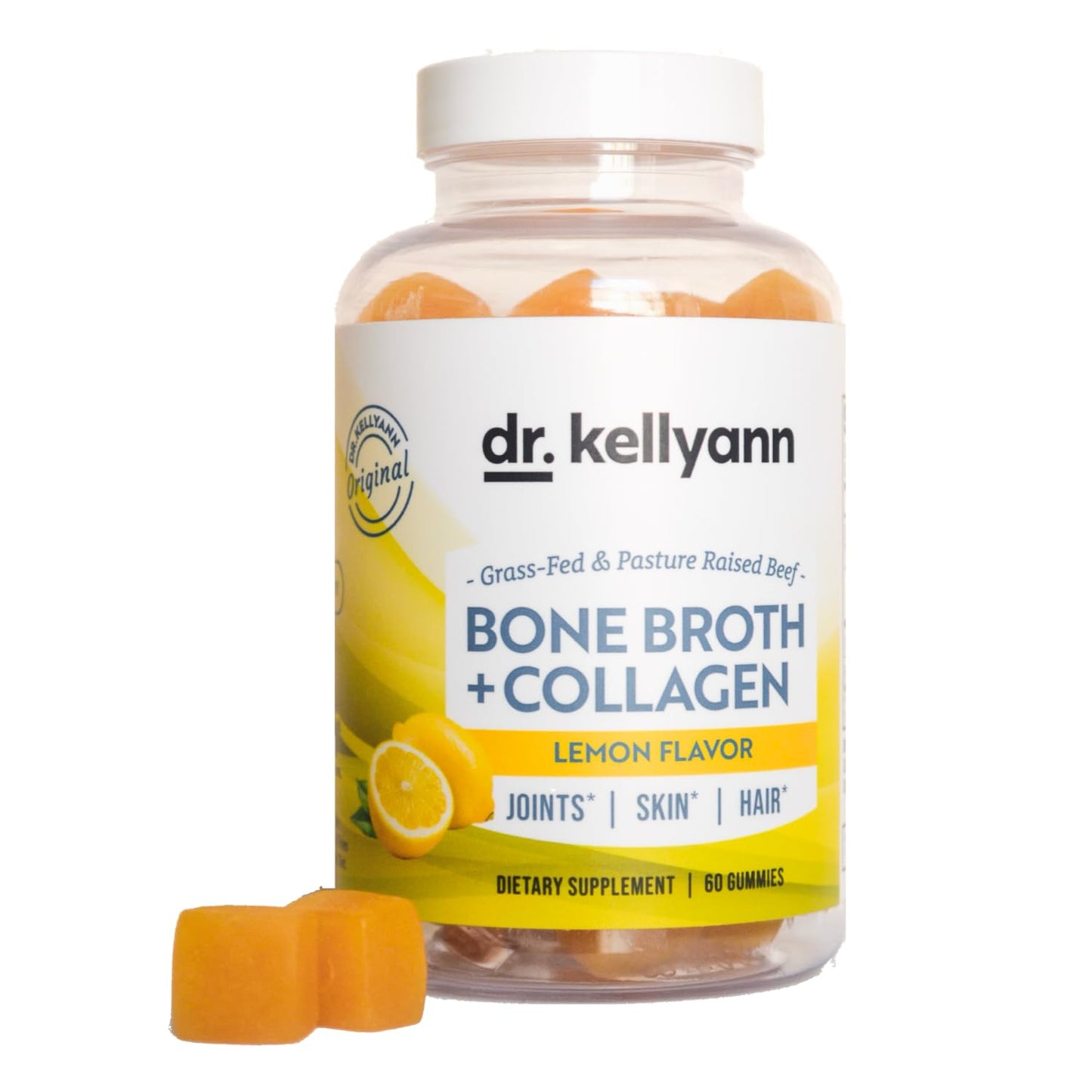 Dr. Kellyann Collagen + Bone Broth Gummies, Lemon | Gut, Skin, Joint & Hair Support | Grass-Fed Beef | Non-GMO, Dairy-Free, Soy-Free | 60 Gummies Dr. Kellyann