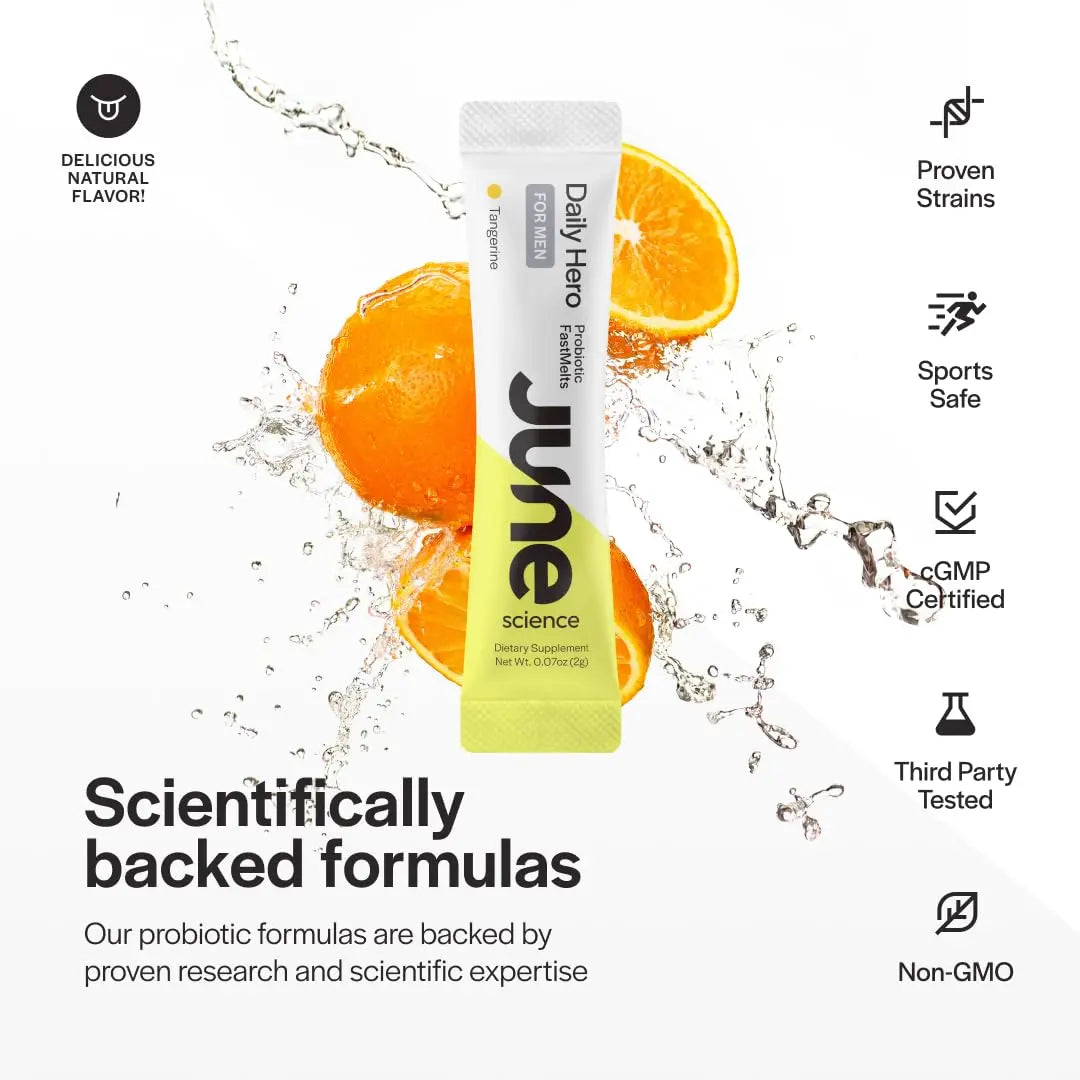 June Science Daily Hero for Men | Fast Melt Pre + Probiotic for Men - Tangerine Flavor, 30 Powder Sachets June Science