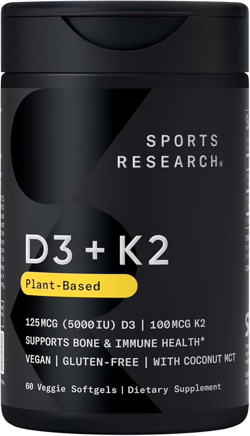 Sports Research® Vegan Vitamin D3 + K2 w/Coconut Oil, 60 Count Plantgels™ | Plant-Based Vitamin D 5000iu/125mcg & Soy-Free Vitamin K 100mcg for Bone & Immune Support - Vegan Certified · Non-GMO Gsupps Australia
