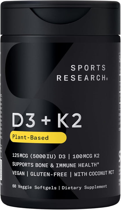 Sports Research® Vegan Vitamin D3 + K2 w/Coconut Oil, 60 Count Plantgels™ | Plant-Based Vitamin D 5000iu/125mcg & Soy-Free Vitamin K 100mcg for Bone & Immune Support - Vegan Certified · Non-GMO Gsupps Australia