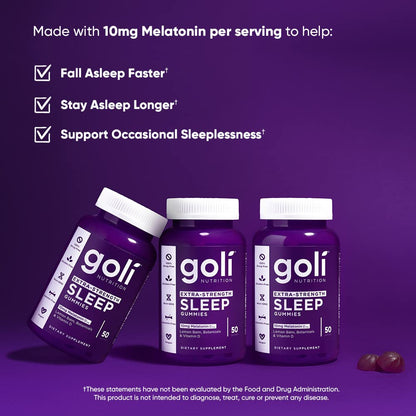Goli Nutritional Supplement, Extra Strength Sleep Gummy 10mg Melatonin - 1 Pack 50 Count - Gluten-Free, Vegan, Non-GMO, and Gelatin-Free Goli
