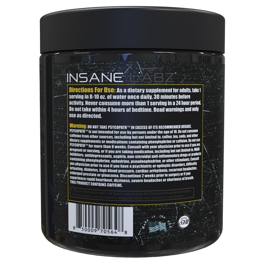 Psychopath, High Stimulant, Insane Energy, Focus and Endurance Preworkout Powder with Panax Ginseng, Rhodiola, Red Sage Root & Rauwolfia (30, Blue Raspberry)