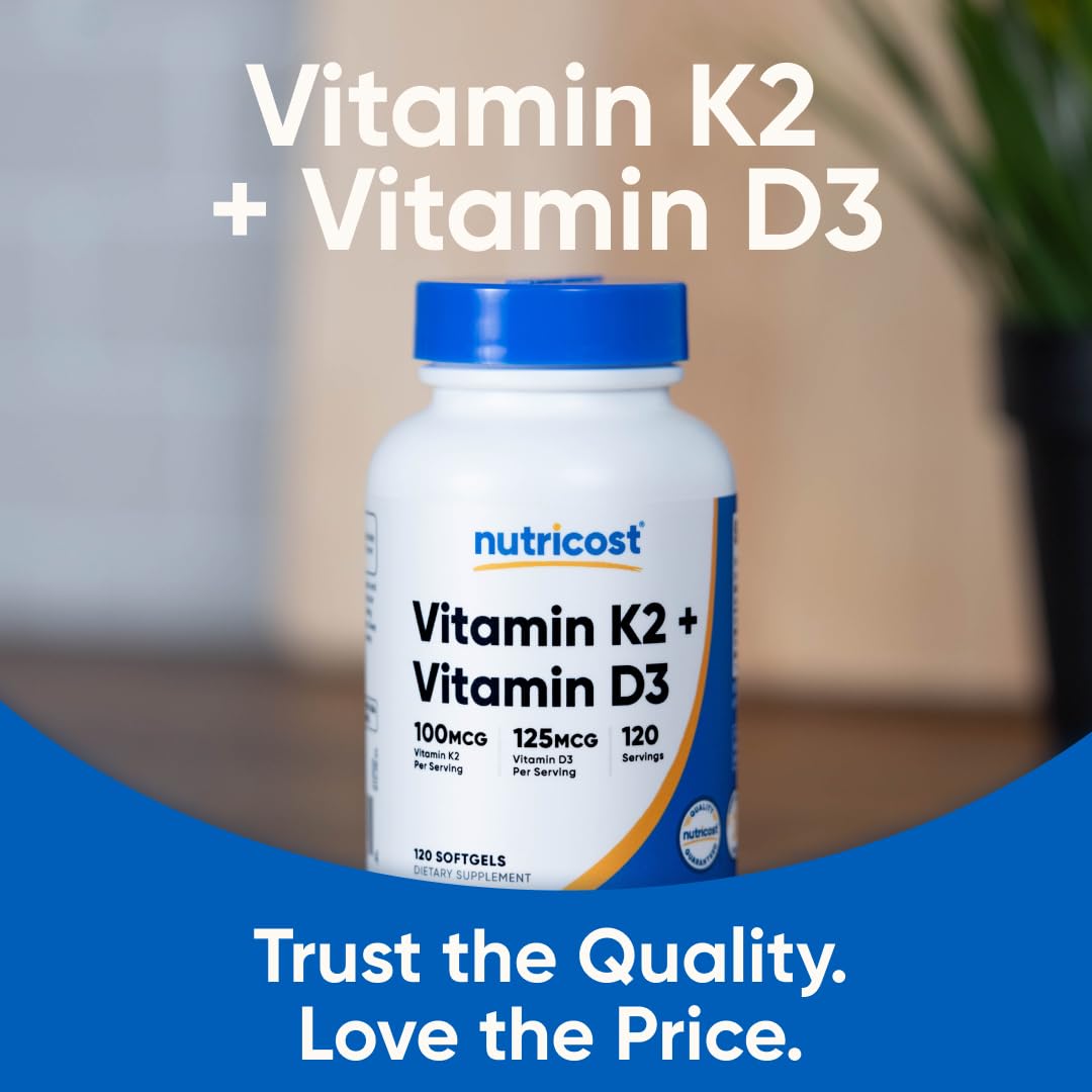 Nutricost Vitamin D3 + K2 (5000 IU D3 / 100mcg MK7), 120 Softgels – Gluten-Free & Non-GMO Nutricost