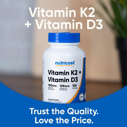 Nutricost Vitamin D3 + K2 (5000 IU D3 / 100mcg MK7), 120 Softgels – Gluten-Free & Non-GMO Nutricost