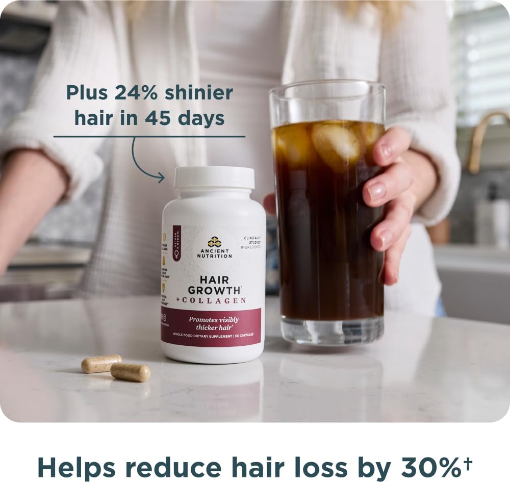 Ancient Nutrition Hair Growth + Collagen Supplement, Hydrolyzed Collagen Peptides, Clinically Studied Superfoods for Hair Growth Support, Thicker, Fuller Hair and Radiant Skin, 60 Count Gsupps Australia