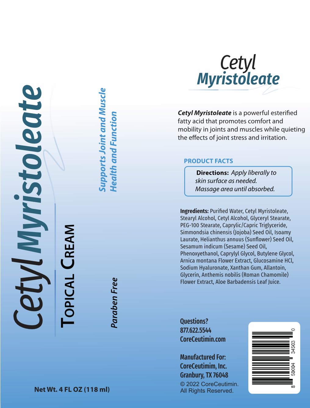 Cetyl Myristoleate Topical Cream Omega 5 Fatty Acid - Helps Reduce Joint and Muscle Discomfort - Includes Arnica, Glucosamine, Aloe,Jojoba, Sunflower & Sesame Seed Oil - 4oz. by Coreceutimin CoreCeutimin buy australia supplements