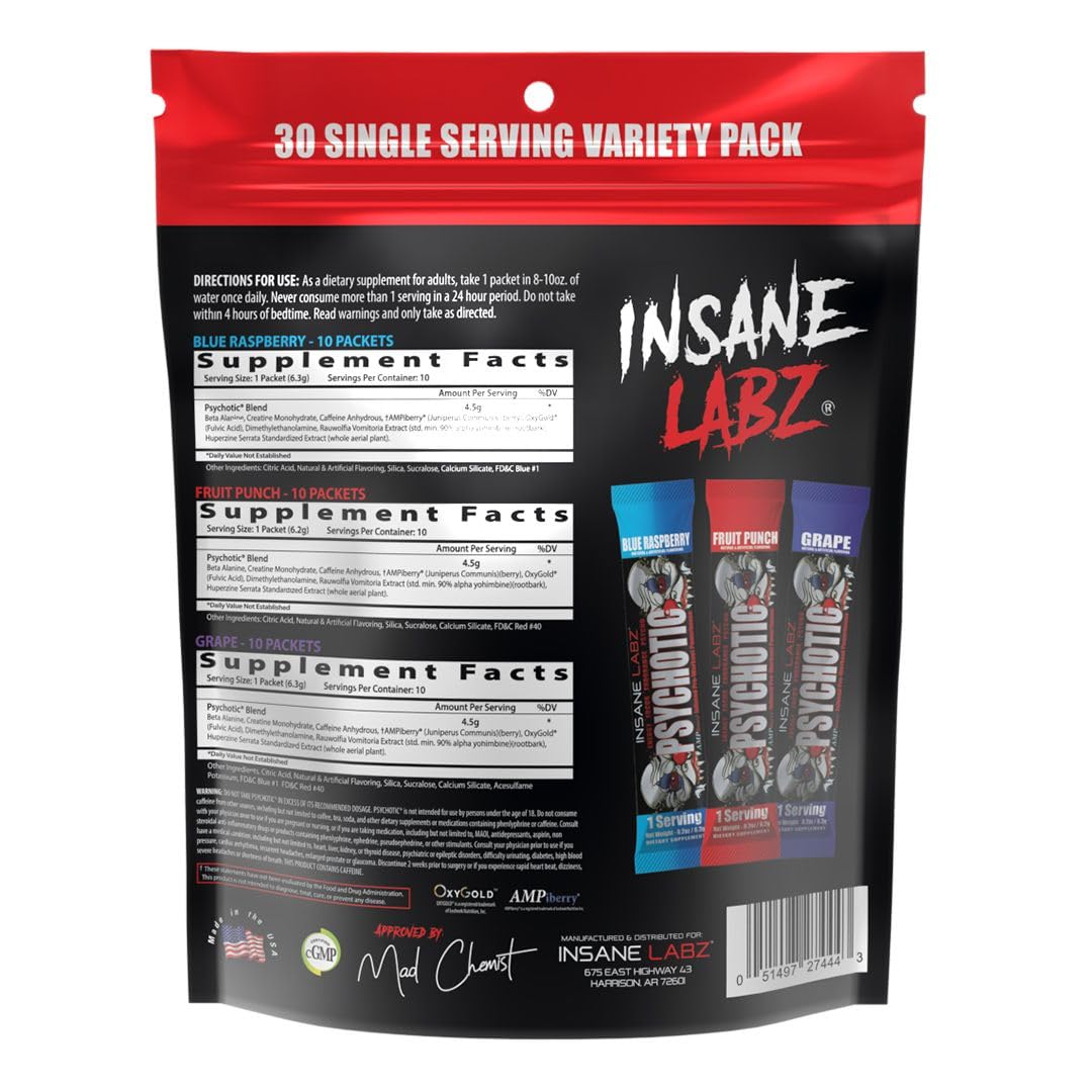 Insane Labz Psychotic, High Stimulant Pre Workout Powder, Extreme Lasting Energy, Focus and Endurance with Beta Alanine, Creatine Monohydrate DMAE, 35 Srvgs (Fruit Punch)