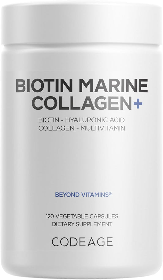 Codeage Biotin Marine Collagen, Hyaluronic Acid, Vitamin C, 120 Capsules | Wild-caught marine collagen peptides powder (types I and III) with biotin, vitamins C and E, and hyaluronic acid. Non-GMO.