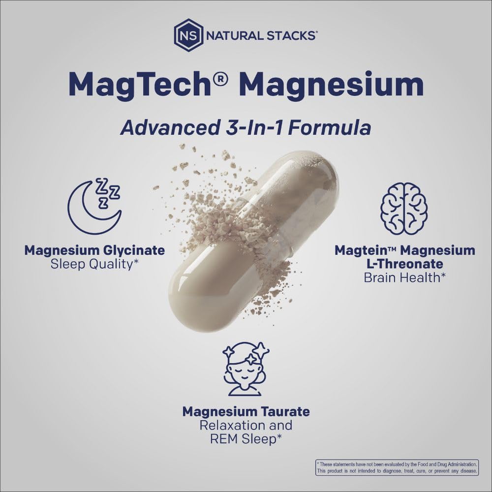MagTech Magnesium Supplement - 3 Forms of Magnesium: Magtein L-Threonate, Glycinate & Taurate - 200mg Chelated Magnesium Complex NATURAL STACKS