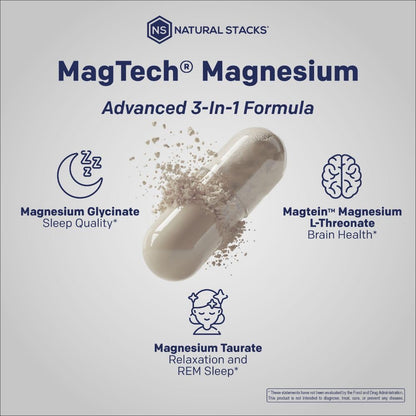 MagTech Magnesium Supplement - 3 Forms of Magnesium: Magtein L-Threonate, Glycinate & Taurate - 200mg Chelated Magnesium Complex NATURAL STACKS