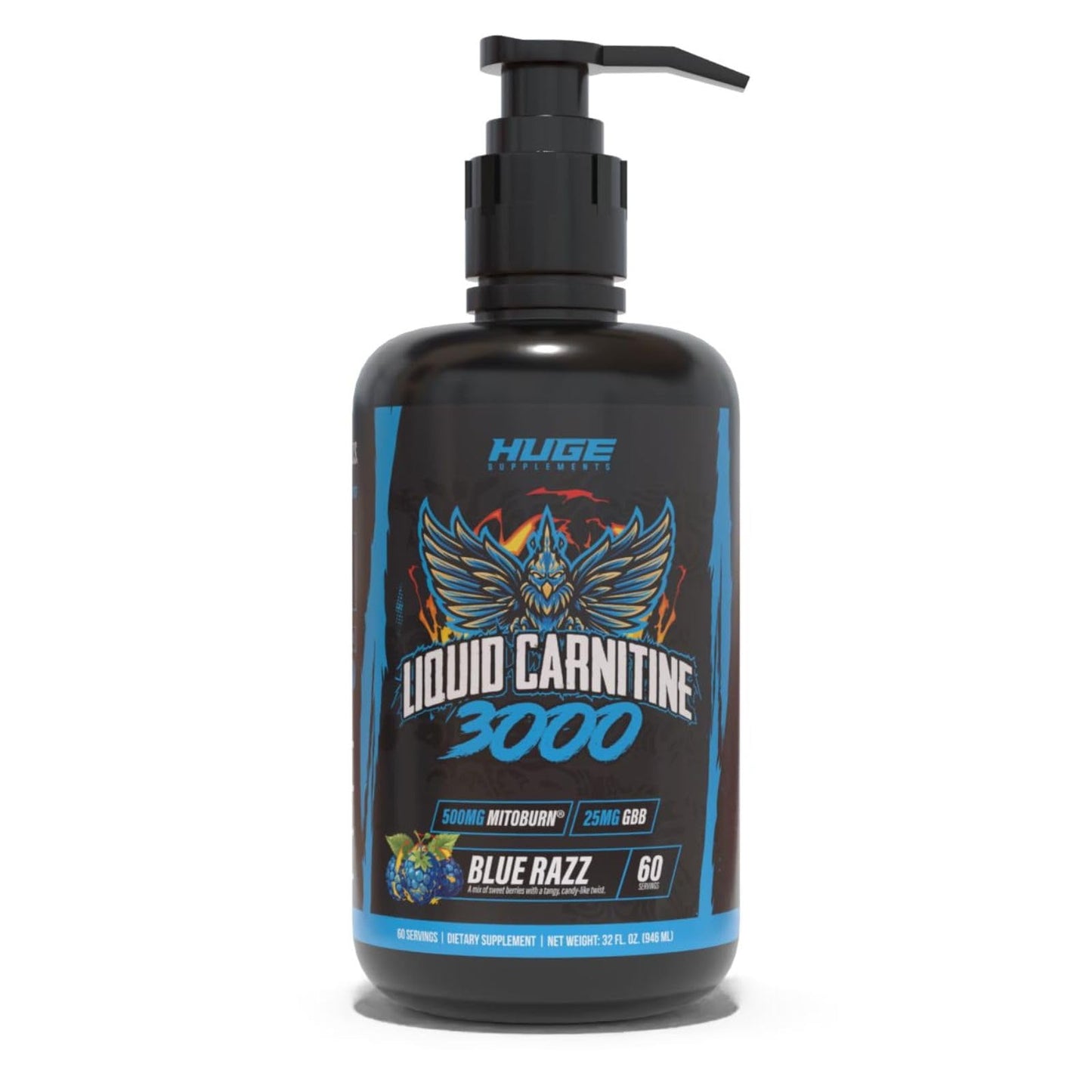 Huge Supplements Liquid L-Carnitine 3000, Superior Potency Infused with 500mg MitoBurn & 25mg GBB, Premium Stim-Free & Energy Boost, Convenient Pump Top, 32 Oz (60 Servings)