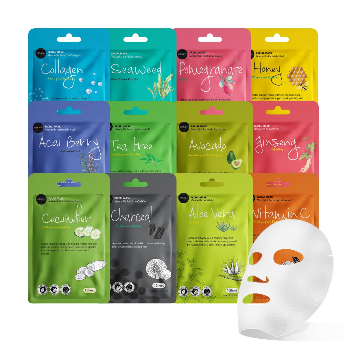 Celavi Korean Face Mask Sheet Set, Facial Spa Masks for Women, 12 Pack Celavi Cosmetics