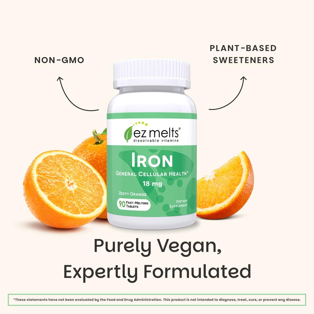 EZ Melts Iron - Supplement for Daily Energy & Iron Support - with Vitamin C - No Artificial Flavors - Non-GMO & Vegan - Zesty Orange EZ Melts