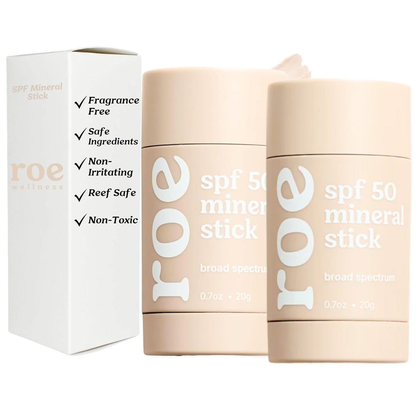 Roe Wellness- Mineral Sunscreen Stick SPF 50 Reef Safe Roll-On Clean Ingredients Zinc Oxide Sun Protection | Face & Body UVA & UVB | Great For Kids, Toddlers, Newborns & Adults