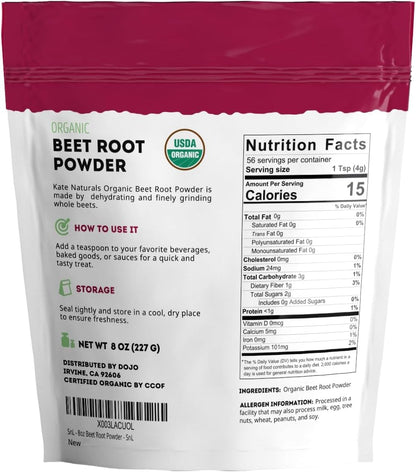 Kate Naturals Organic Beet Root Powder for Smoothies, Baking & Juice. Raw Beetroot Superfood & Natural Red Food Coloring Kate Naturals