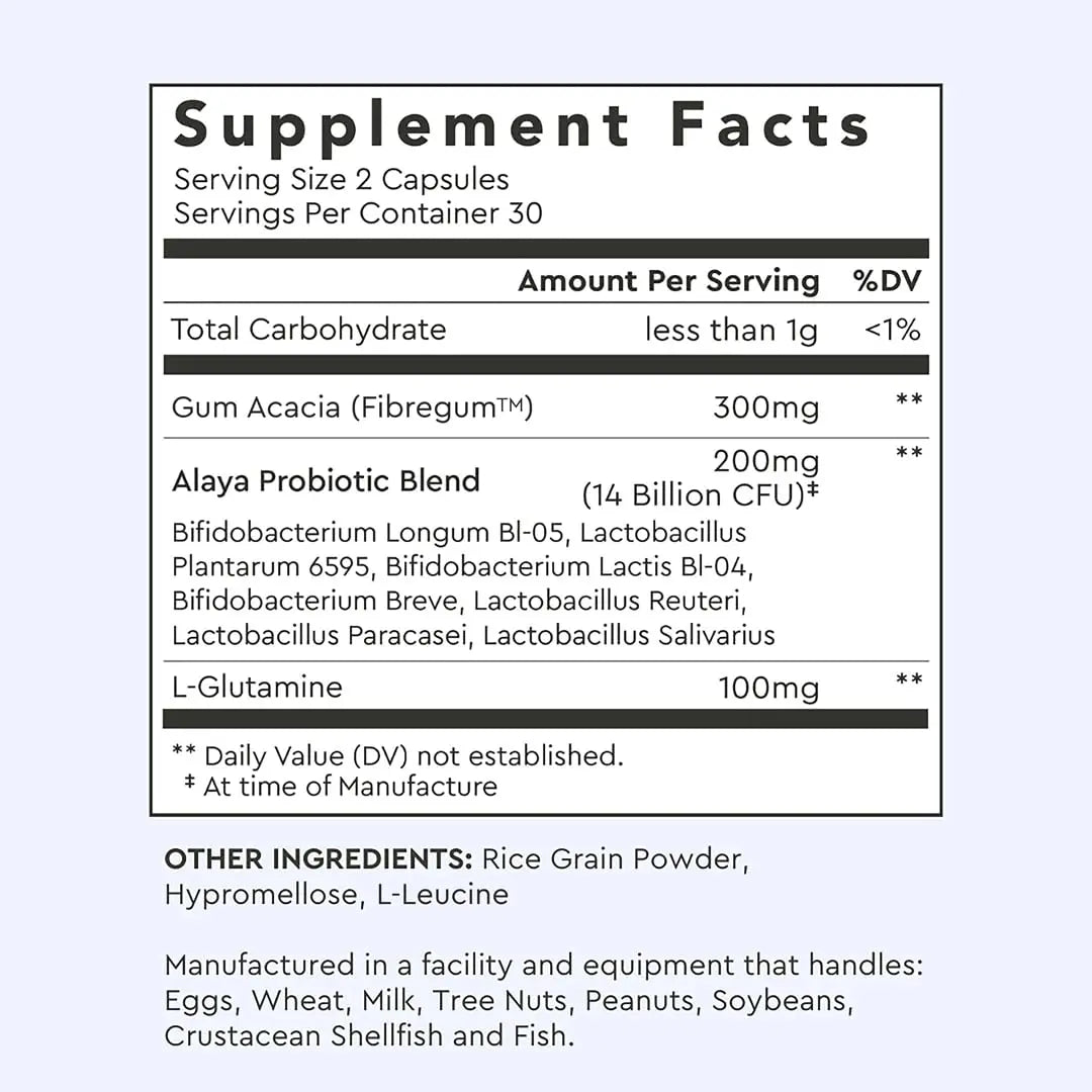 Alaya Naturals Advanced Synbiotic - Probiotic + Prebiotic - 14 Billion CFU Delayed Release Probiotic Supplement with Prebiotics from Sunfiber®, and L-glutamine for Gut Lining Integrity - 60 Capsules Alaya Naturals