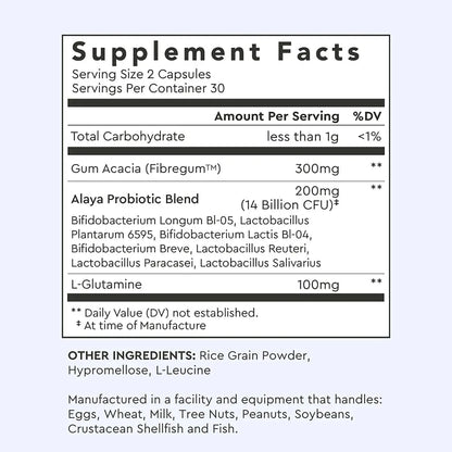 Alaya Naturals Advanced Synbiotic - Probiotic + Prebiotic - 14 Billion CFU Delayed Release Probiotic Supplement with Prebiotics from Sunfiber®, and L-glutamine for Gut Lining Integrity - 60 Capsules Alaya Naturals