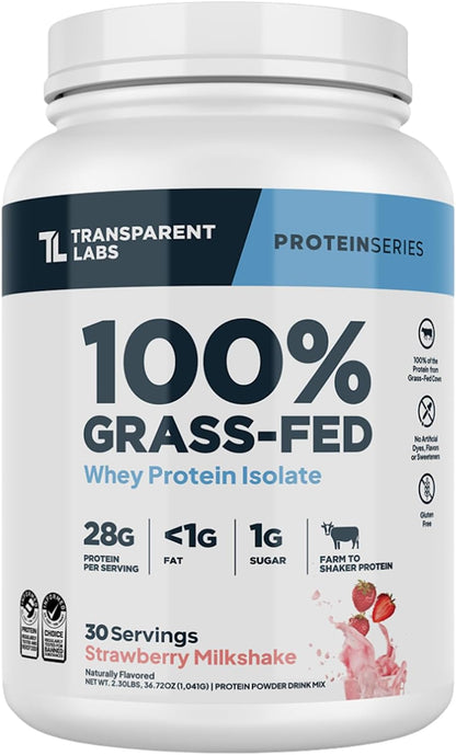 Transparent Labs Grass-Fed Whey Protein Isolate (30 Servings, Strawberry Milkshake) & Hydrate Electrolytes Powder (40 Servings, Peach Mango)
