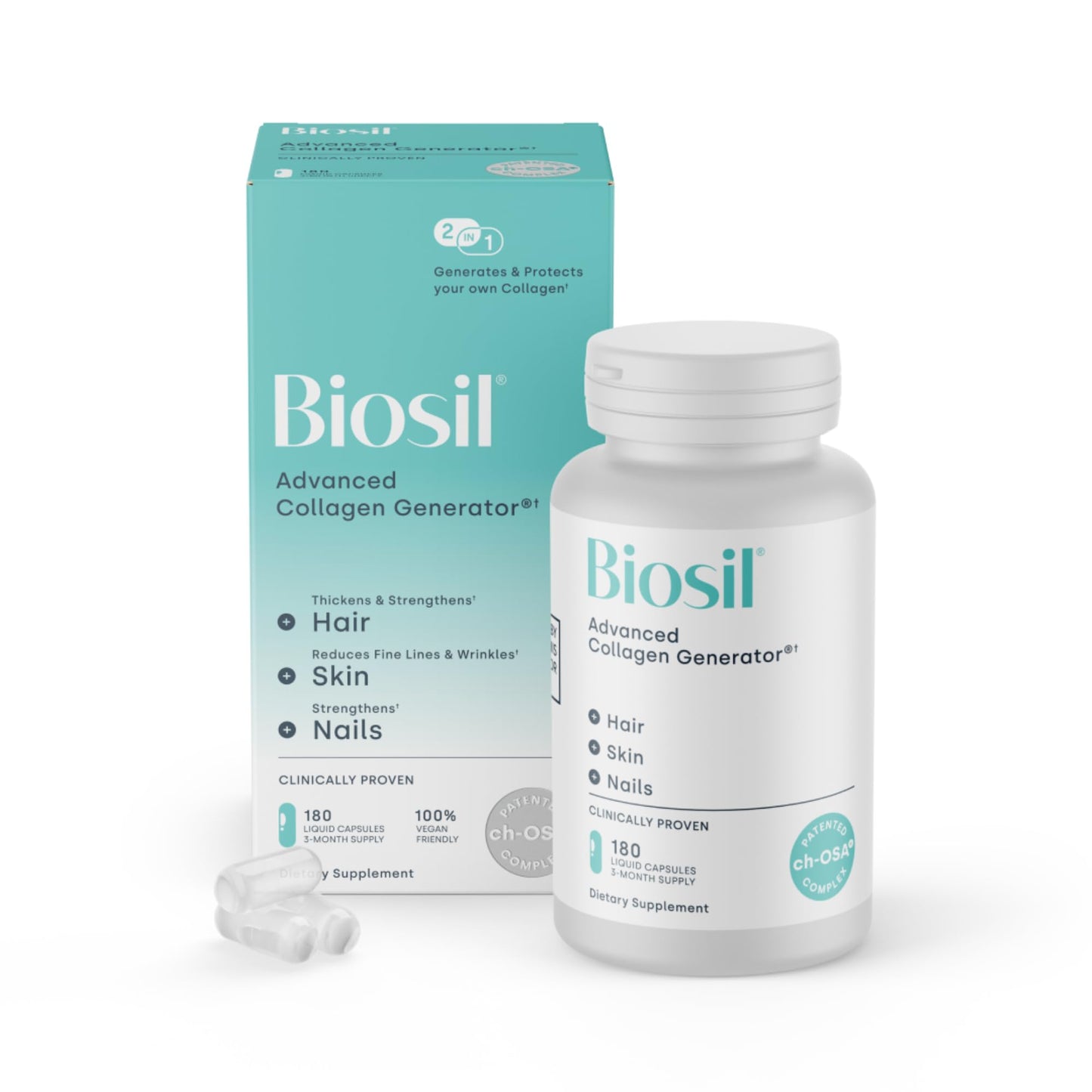 Biosil Collagen Booster Supplement - 180 Vegan Capsules - Patented ch-OSA Activator for Skin, Hair, Nails & Joints - Supports Natural Production - 90-Day Supply Biosil