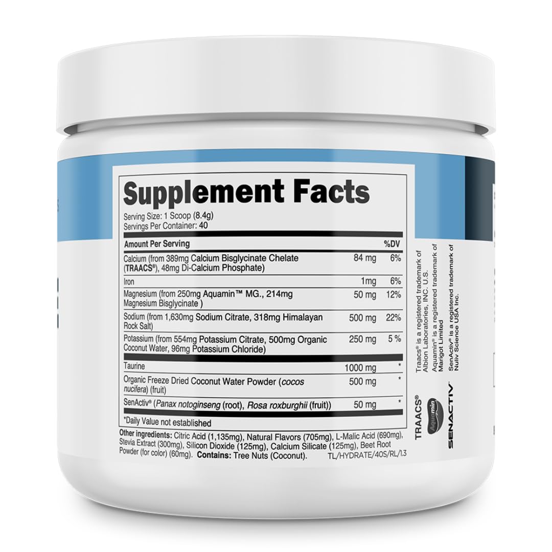 Transparent Labs Hydrate Naturally Sweetened Electrolytes Powder - Hydration Powder Electrolytes with Coconut Water, Calcium, Taurine, & Potassium - 40 Servings, Tropical Punch