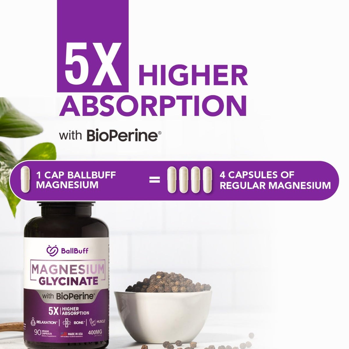 Pure Magnesium Glycinate 400mg - 5X Higher Absorption - Support Stress Relief, Sleep, Bone Health - 100% Chelated - Pure Magnesium Supplement BallBuff