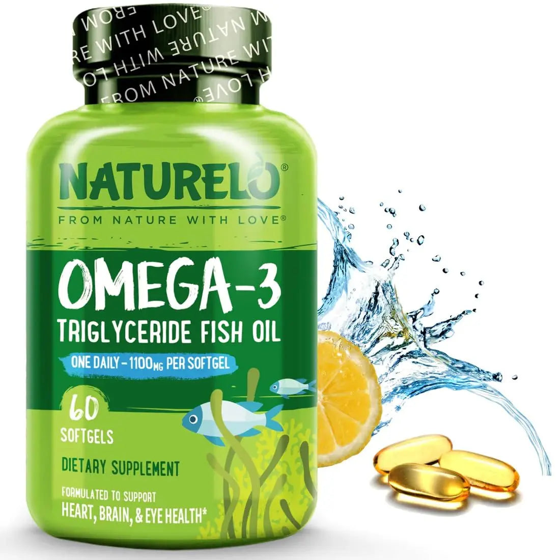 NATURELO Burpless Omega 3 Fish Oil Supplement - 1100mg Triglyceride Omega-3, EPA + DHA, Liquid Fish Oil for Heart, Eye, Brain, Joint Health NATURELO