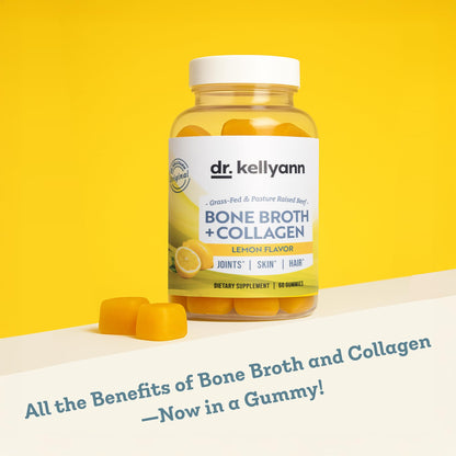 Dr. Kellyann Collagen + Bone Broth Gummies, Lemon | Gut, Skin, Joint & Hair Support | Grass-Fed Beef | Non-GMO, Dairy-Free, Soy-Free | 60 Gummies Dr. Kellyann