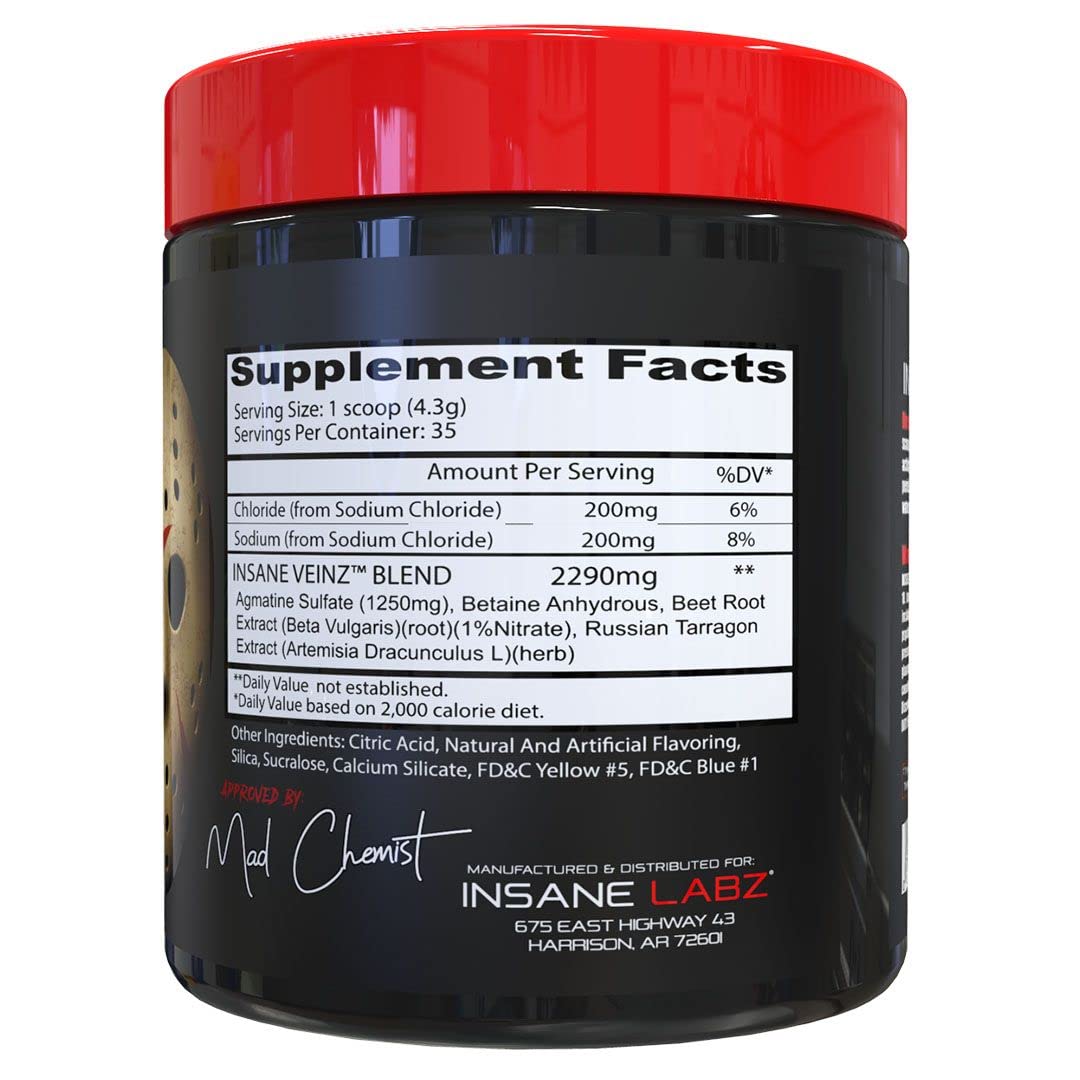 Insane Labz Insane Veinz Non Stimulant NO Enhancing Powder, Nitric Oxide Booster, Loaded with Agmatine Sulfate and Betaine Anhydrous, Increase Vascularity, 35 Srvgs, Fruit Punch