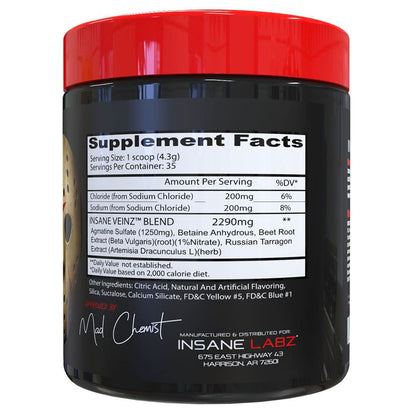 Insane Labz Insane Veinz Non Stimulant NO Enhancing Powder, Nitric Oxide Booster, Loaded with Agmatine Sulfate and Betaine Anhydrous, Increase Vascularity, 35 Srvgs, Fruit Punch