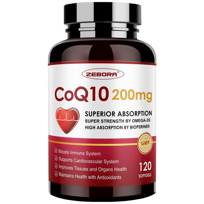 ZEBORA CoQ10-200mg-Softgels with PQQ, BioPerine & Omega-3, 120 Servings Coenzyme Q10(Ubiquinone) Supplement for High-Absorption, Powerful-Antioxidant ZEBORA