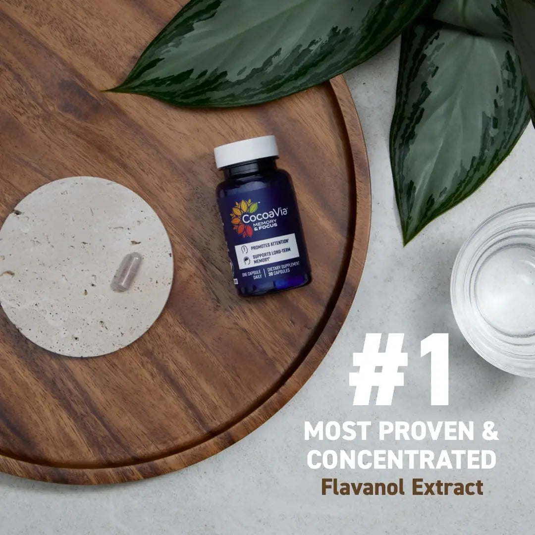CocoaVia Memory & Focus Brain Supplement, 30 Day, Cocoa Flavanol Blend, Lutein, Added Caffeine for Boost. Improve Cognitive Function, Attention, Vegan & Plant Based, 30 Capsules CocoaVia