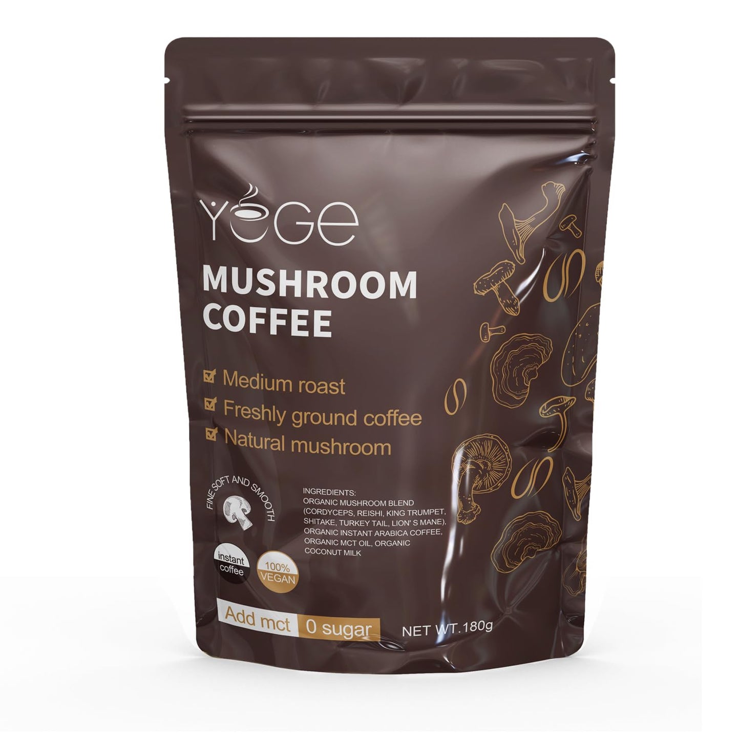 Mushroom Coffee, Instant Mushroom Coffee with Cordyceps, Reishi, King Trumpet, Shiitake, Turkey Tail, Lions Mane for Energy YEGE