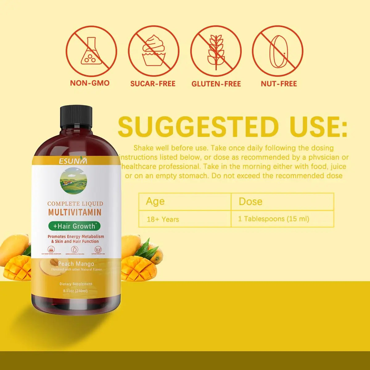 ESUNM Complete Liquid Multivitamin + Hair Growth, Promotes Energy Metabolism& Skin and Hair Function| Vitamin C D | B Vitamins | ESUNM buy australia supplements