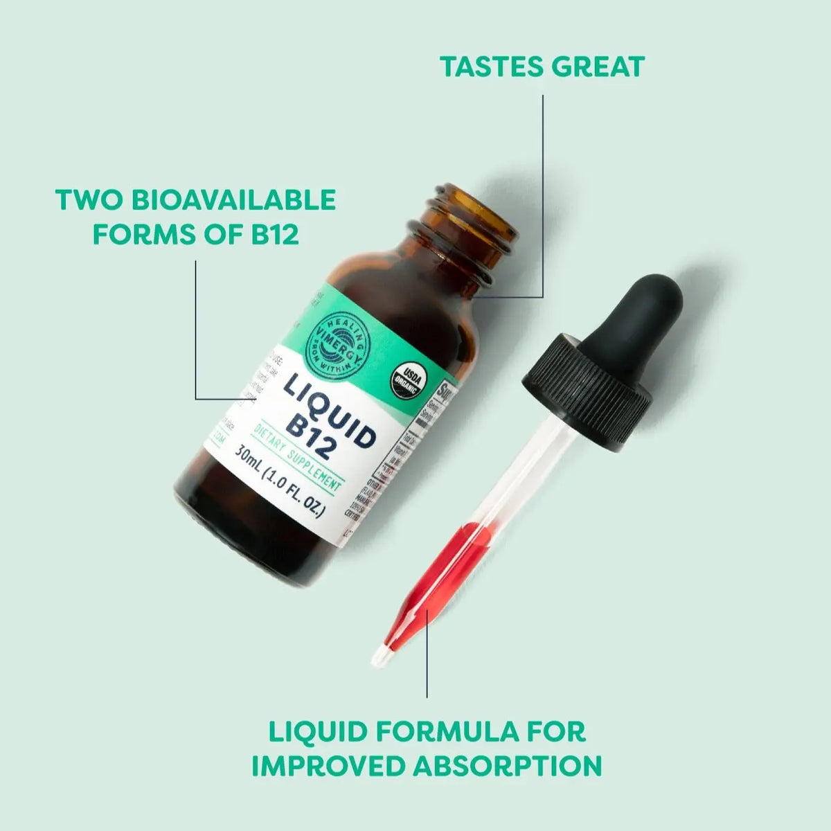 Vimergy USDA Organic Liquid Vitamin B12 Supplement 2500 mcg, Methylcobalamin & Adenosylcobalamin Fast-Absorbing Energy Support, Vegan, Non-GMO B12 Vitamins Vimergy