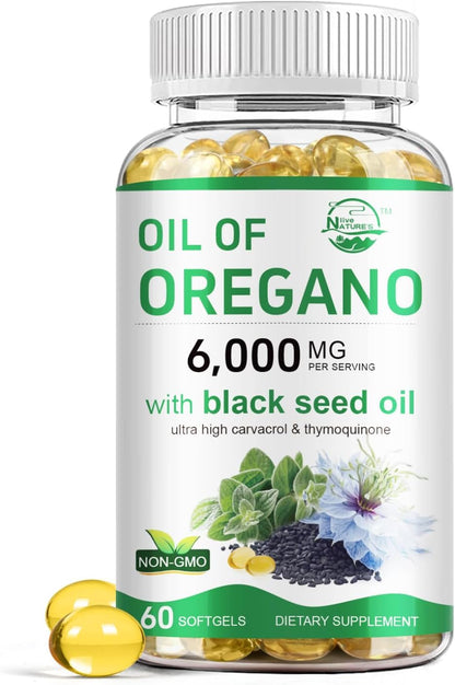 Nature's live Oil of Oregano with Black Seed Oil, 2 in 1 Oregano Supplement for Immune Health, Retains High Concentrated Carvacrol & Thymoquinone Nature's live