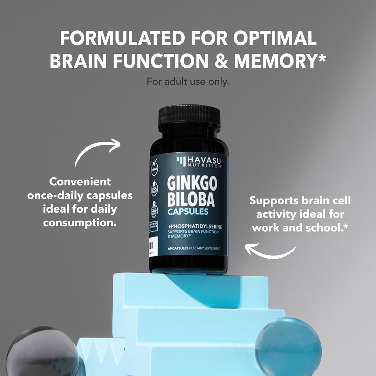Ginkgo Biloba 120mg with Phosphatidylserine, Nootropic Supplement, 60 Count | Nootropic Brain Health, Memory and Focus Supplement, Supports Cognitive Function & Mental Clarity, 2-Month Supply Gsupps Australia