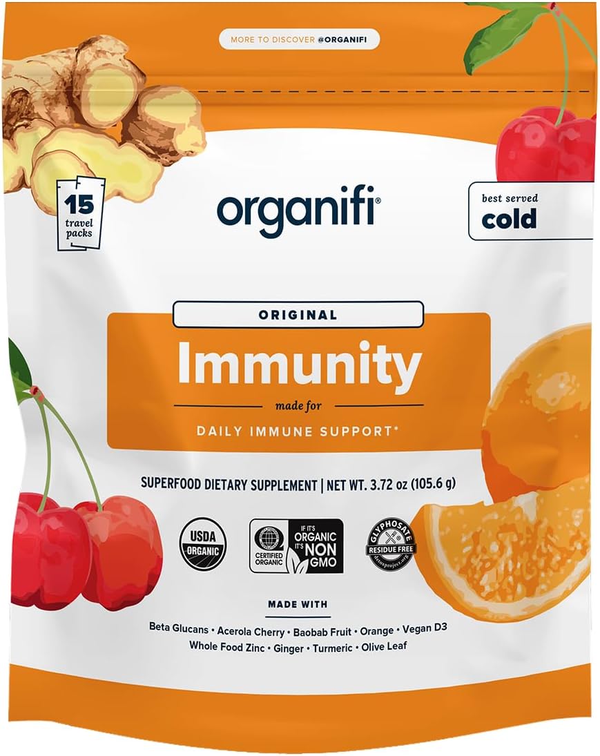 Organifi Immunity - Organic Superfood Immunity Support - 15 Single Serve Packets - Immunity Powder for T Cell Production and Upper Respiratory Health - Mushroom Beta Glucans, Vitamin C, D and Zinc Gsupps Australia