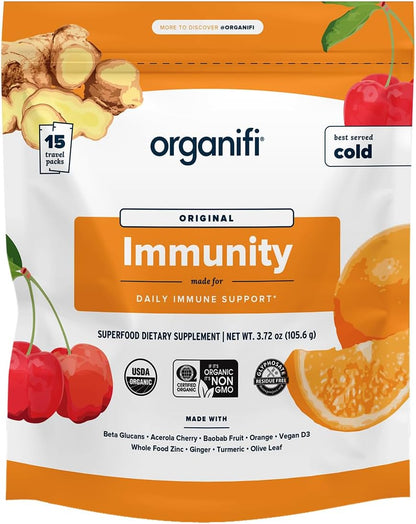 Organifi Immunity - Organic Superfood Immunity Support - 15 Single Serve Packets - Immunity Powder for T Cell Production and Upper Respiratory Health - Mushroom Beta Glucans, Vitamin C, D and Zinc Gsupps Australia