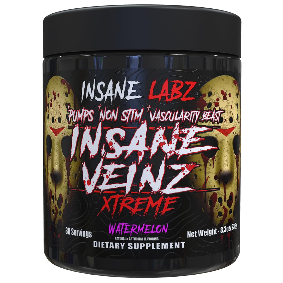 Insane Labz Insane Veinz Xtreme Non Stimulant NO Enhancing Powder, Nitric Oxide Booster, Loaded with L-Citrulline, Agmatine Sulfate and L-Arginine AKG, Increase Vascularity (30, Fruit Punch)